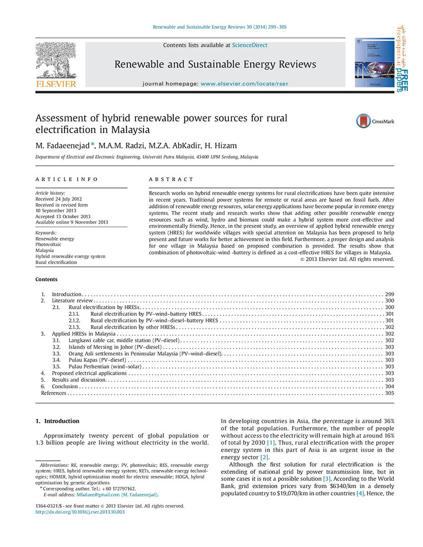 Assessment of hybrid renewable power sources for rural electrification in Malaysia