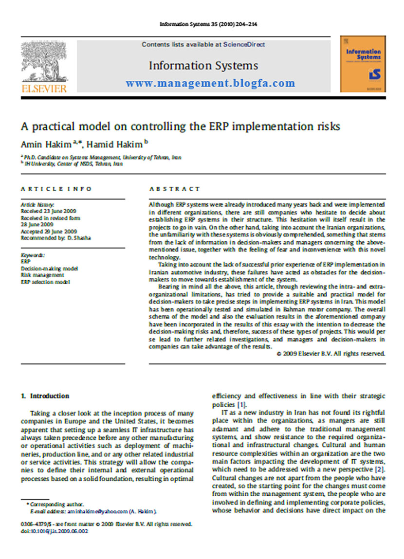 A practical model on controlling the ERP implementation risks