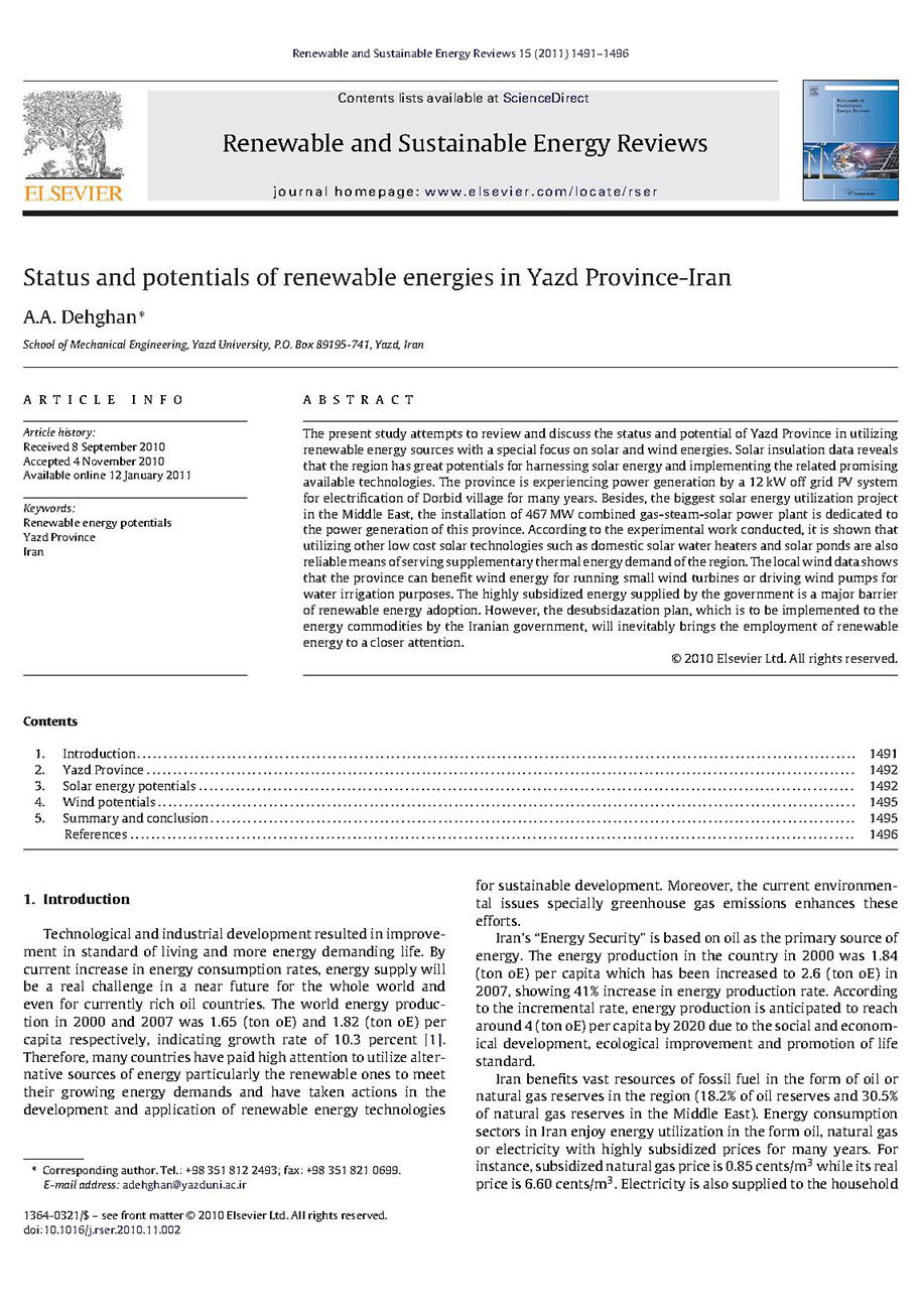 Status and potentials of renewable energies in Yazd Province-Iran