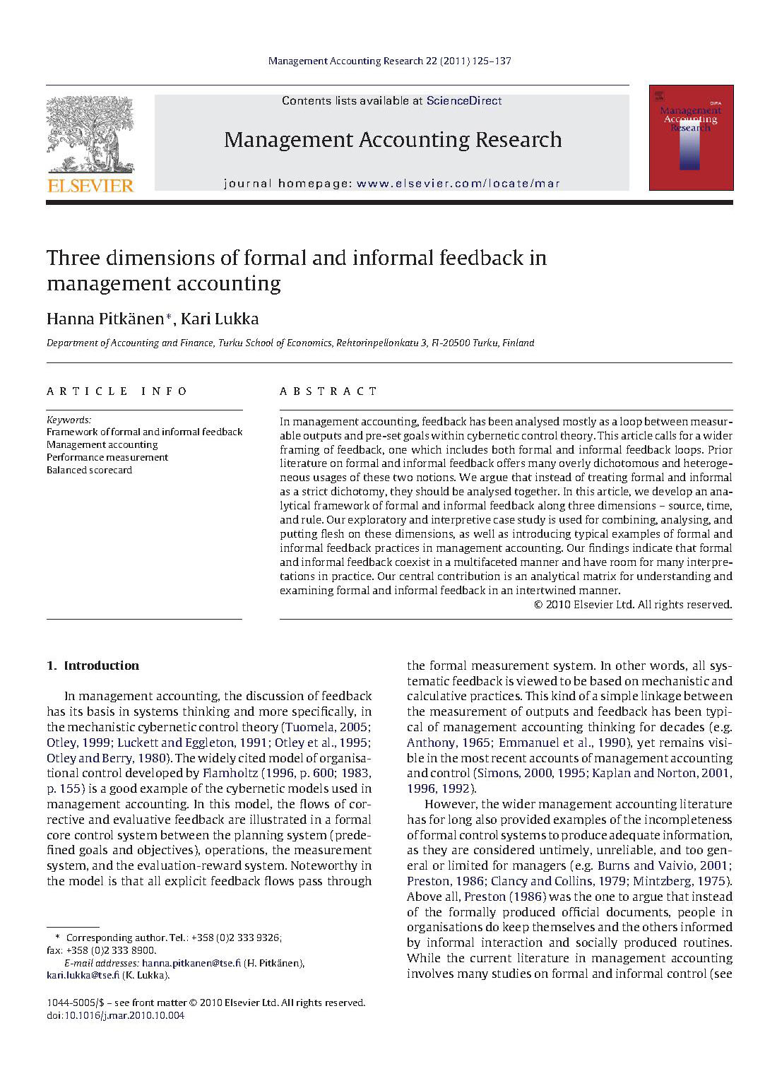 Three dimensions of formal and informal feedback in management accounting