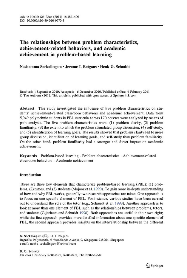 The relationships between problem characteristics achievement-related behaviors, and academic achievement in problem-based learning
